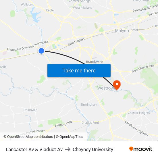 Lancaster Av & Viaduct Av to Cheyney University map