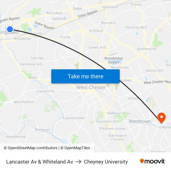 Lancaster Av & Whiteland Av to Cheyney University map