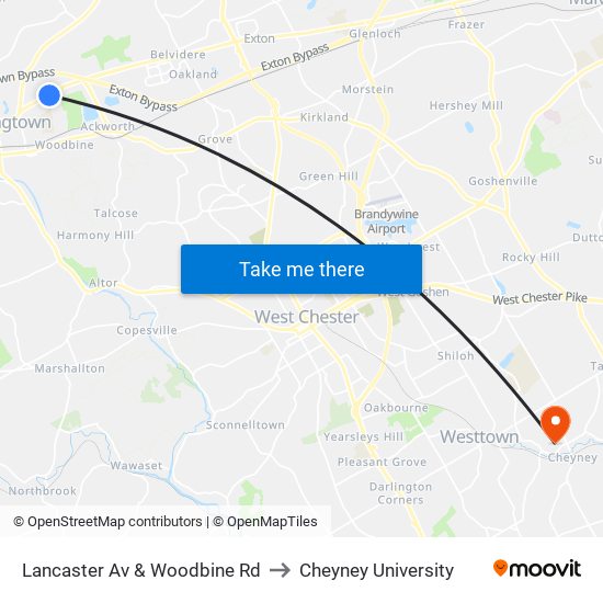 Lancaster Av & Woodbine Rd to Cheyney University map