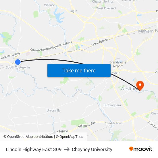 Lincoln Highway East 309 to Cheyney University map
