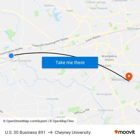 U.S. 30 Business 891 to Cheyney University map