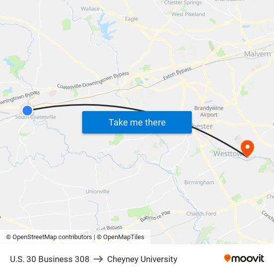 U.S. 30 Business 308 to Cheyney University map