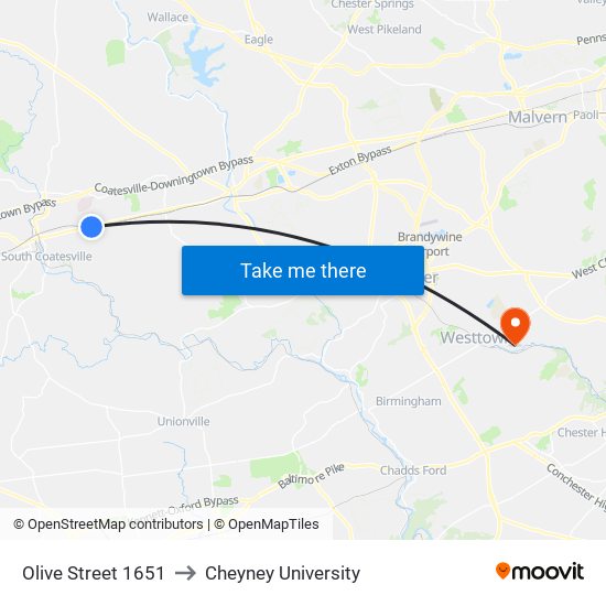 Olive Street 1651 to Cheyney University map