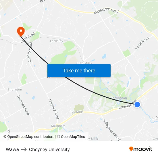 Wawa to Cheyney University map