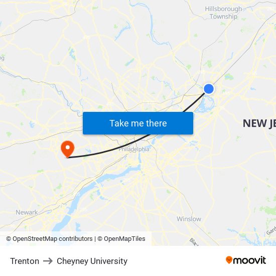 Trenton to Cheyney University map