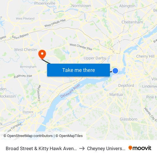 Broad Street & Kitty Hawk Avenue to Cheyney University map