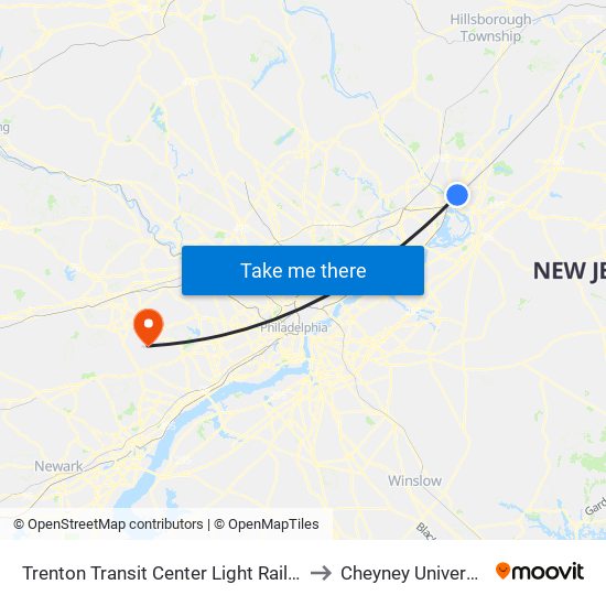 Trenton Transit Center Light Rail Sta to Cheyney University map