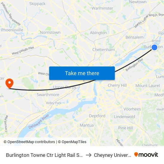 Burlington Towne Ctr Light Rail Station to Cheyney University map