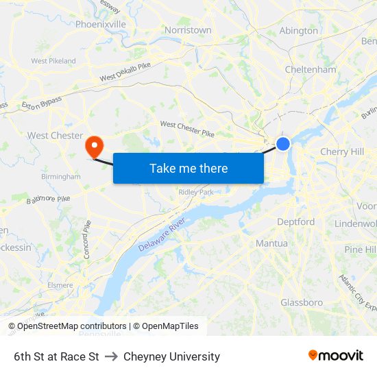 6th St at Race St to Cheyney University map