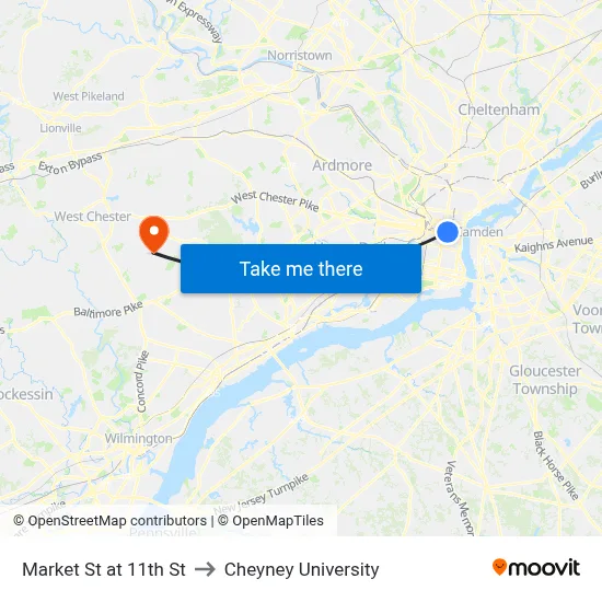 Market St at 11th St to Cheyney University map