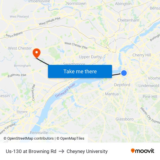 Us-130 at Browning Rd to Cheyney University map