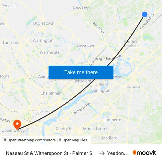 Nassau St & Witherspoon St - Palmer Square to Yeadon, PA map