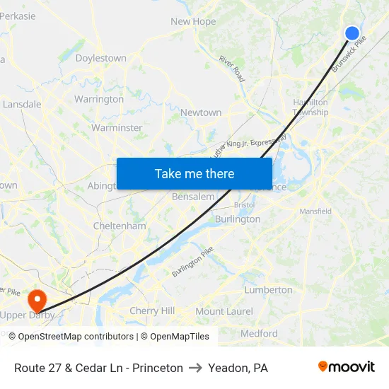Route 27 & Cedar Ln - Princeton to Yeadon, PA map
