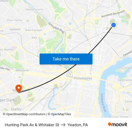 Hunting Park Av & Whitaker St to Yeadon, PA map