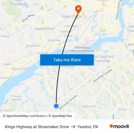 Kings Highway at Shoemaker Drive to Yeadon, PA map