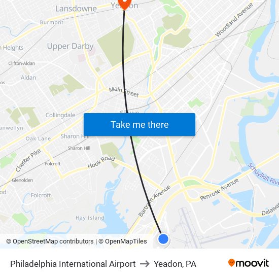 Philadelphia International Airport to Yeadon, PA map