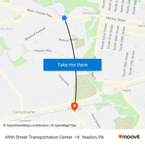 69th Street Transportation Center to Yeadon, PA map