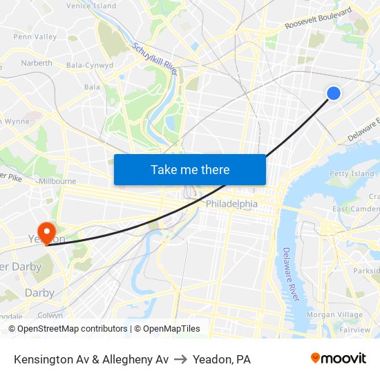 Kensington Av & Allegheny Av to Yeadon, PA map