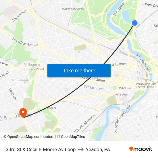 33rd St & Cecil B Moore Av Loop to Yeadon, PA map