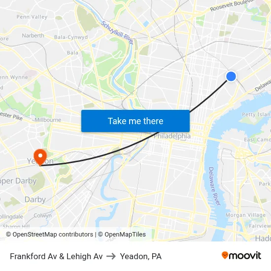 Frankford Av & Lehigh Av to Yeadon, PA map