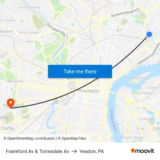 Frankford Av & Torresdale Av to Yeadon, PA map