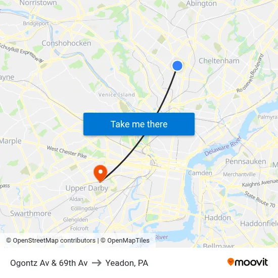 Ogontz Av & 69th Av to Yeadon, PA map