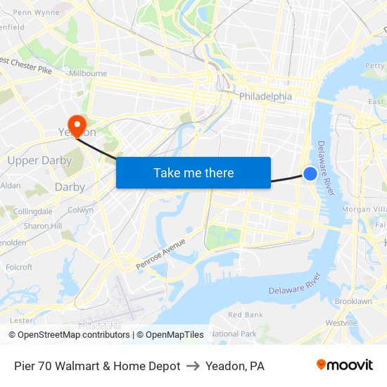 Pier 70 Walmart & Home Depot to Yeadon, PA map