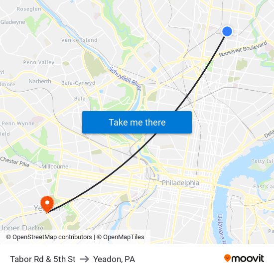 Tabor Rd & 5th St to Yeadon, PA map