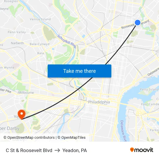 C St & Roosevelt Blvd to Yeadon, PA map