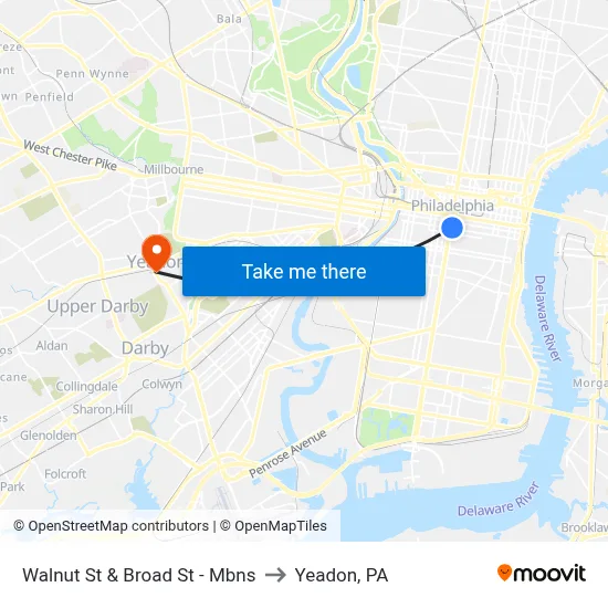 Walnut St & Broad St - Mbns to Yeadon, PA map