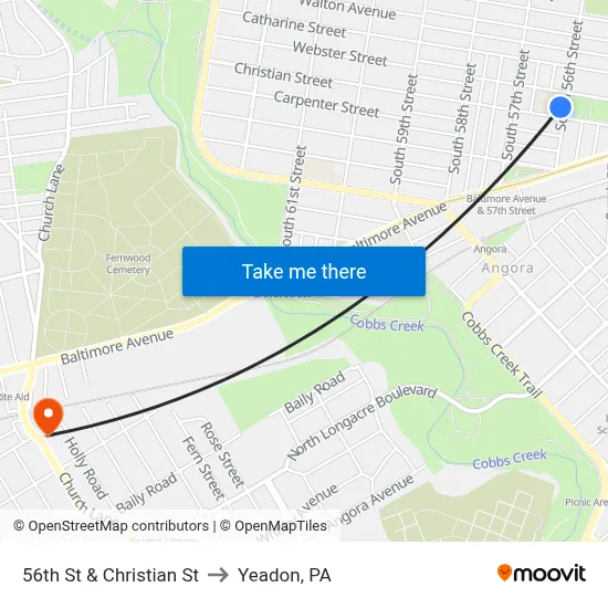 56th St & Christian St to Yeadon, PA map