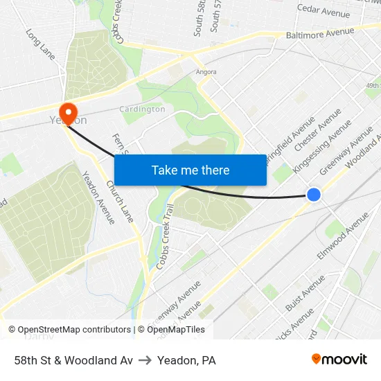 58th St & Woodland Av to Yeadon, PA map