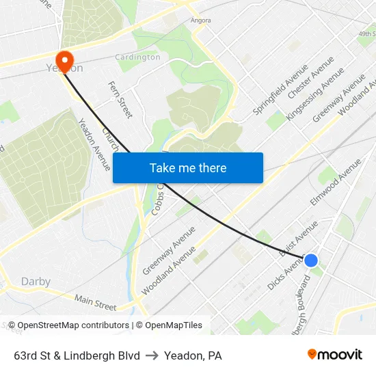 63rd St & Lindbergh Blvd to Yeadon, PA map