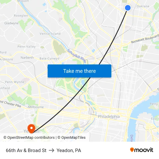 66th Av & Broad St to Yeadon, PA map