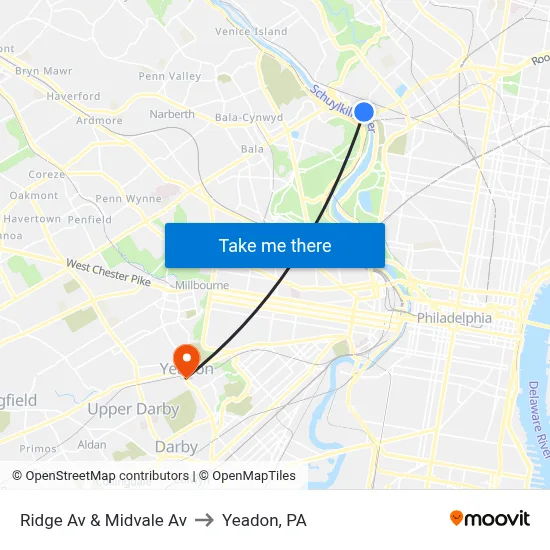 Ridge Av & Midvale Av to Yeadon, PA map