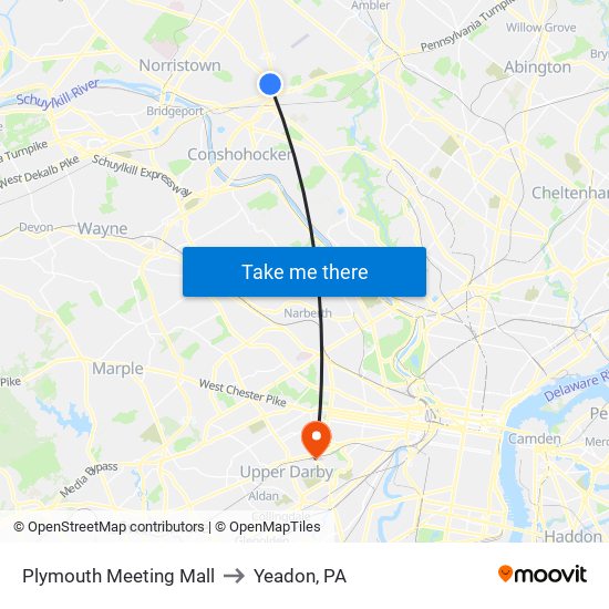 Plymouth Meeting Mall to Yeadon, PA map