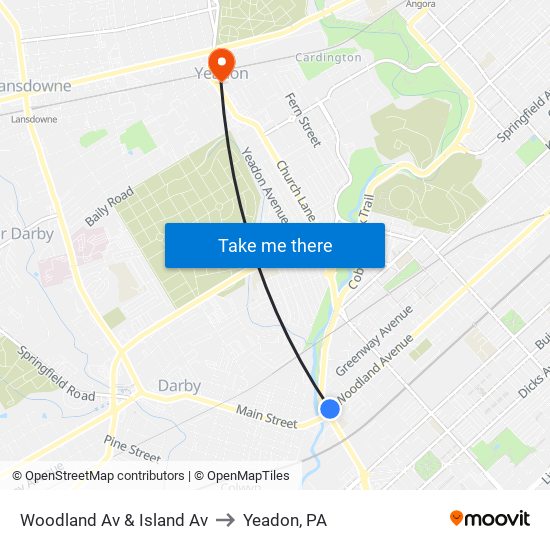 Woodland Av & Island Av to Yeadon, PA map
