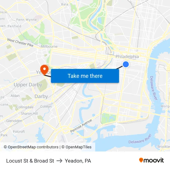Locust St & Broad St to Yeadon, PA map