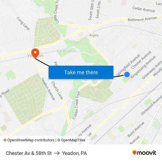 Chester Av & 58th St to Yeadon, PA map