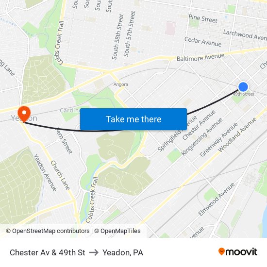 Chester Av & 49th St to Yeadon, PA map