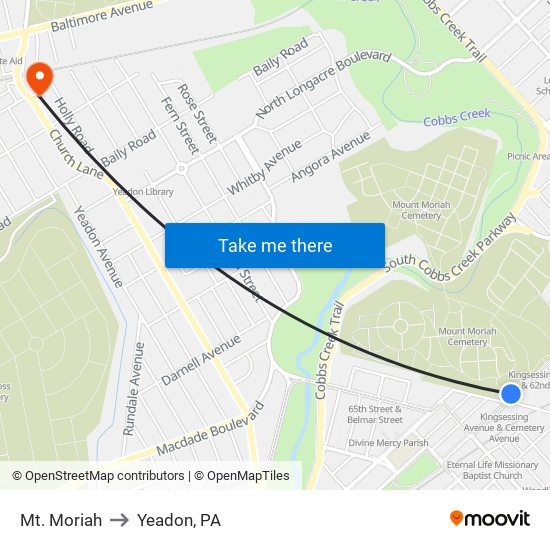 Mt. Moriah to Yeadon, PA map