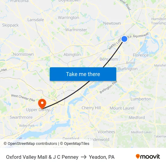 Oxford Valley Mall & J C Penney to Yeadon, PA map