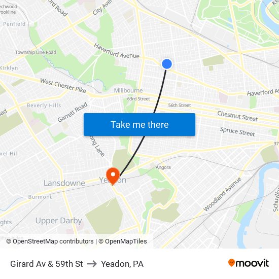 Girard Av & 59th St to Yeadon, PA map