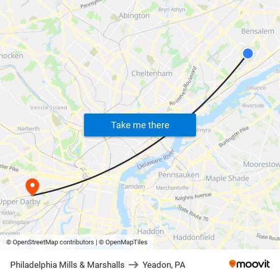 Philadelphia Mills & Marshalls to Yeadon, PA map