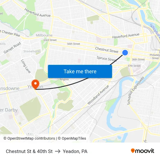 Chestnut St & 40th St to Yeadon, PA map