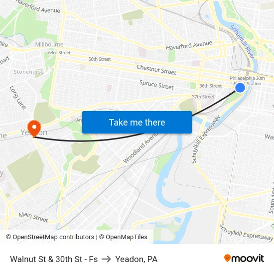 Walnut St & 30th St - Fs to Yeadon, PA map