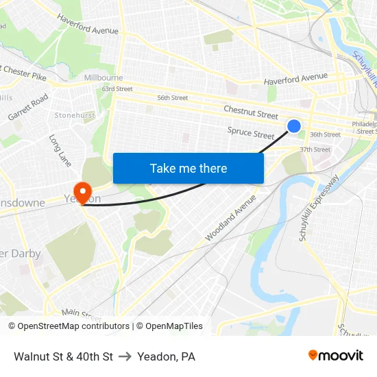 Walnut St & 40th St to Yeadon, PA map