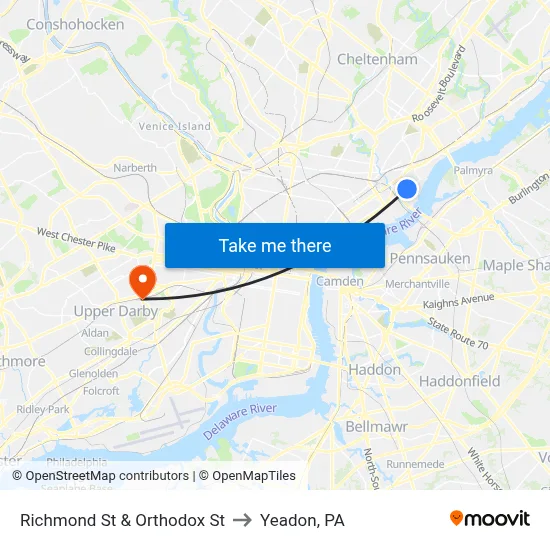 Richmond St & Orthodox St to Yeadon, PA map