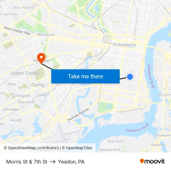 Morris St & 7th St to Yeadon, PA map