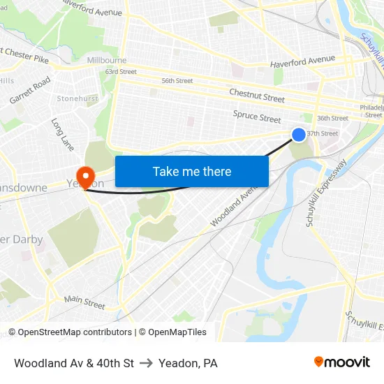 Woodland Av & 40th St to Yeadon, PA map